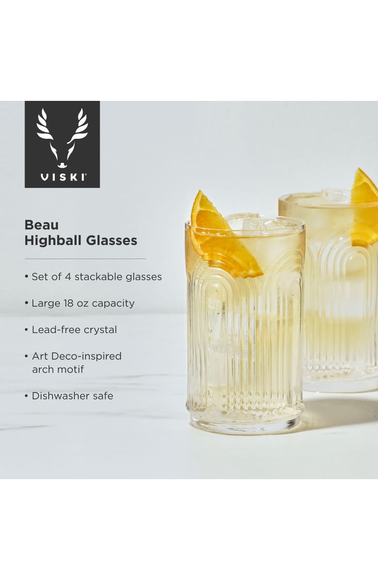 Viski Deco Beau Crystal Highball Glasses Set of 4, Alternate, color, Clear