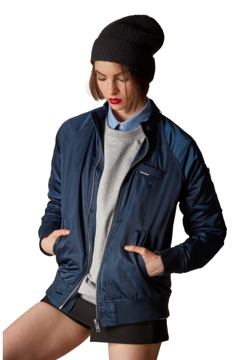 Women's Satin Bomber Jacket, Main, color, Navy