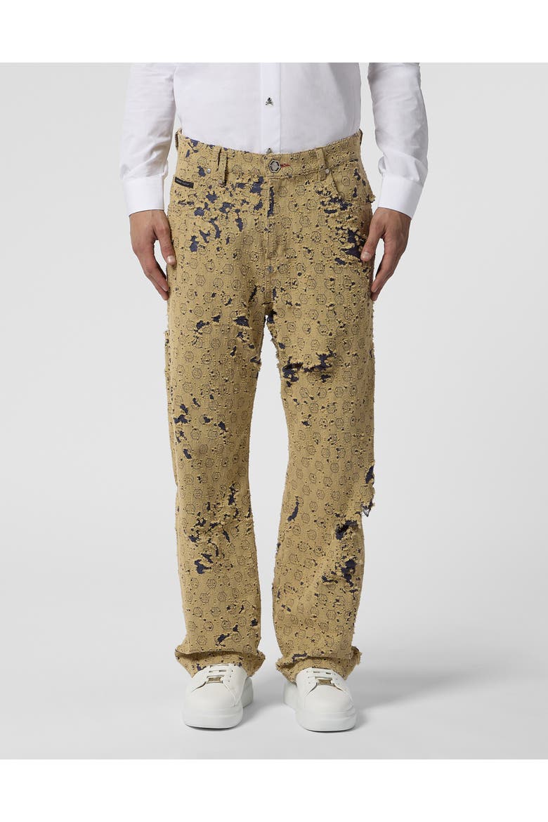 Destroyed Beach Boy Fit Jeans Monogram Men, Main, color, beige