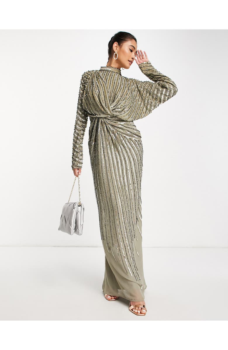 ASOS DESIGN Embellished Long Sleeve Gown, Alternate, color, Grey/ Medium Blue