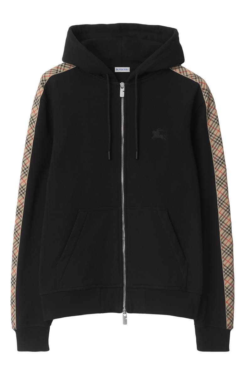Burberry EKD Embroidered Check Trim French Terry Full Zip Hoodie, Alternate, color, Black