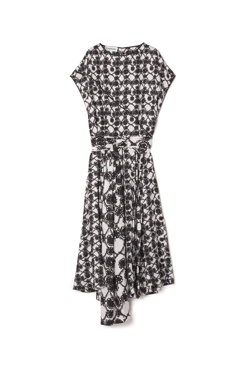 PRINTED SILK DRAPED DRESS, Alternate, color, White/Black