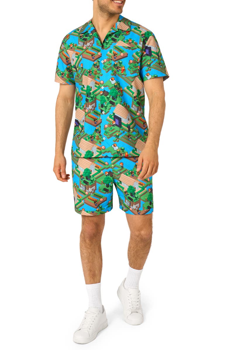 OppoSuits Minecraft<sup>™</sup> Overworld Camp Shirt & Drawstring Shorts Set, Main, color, Teal Multi