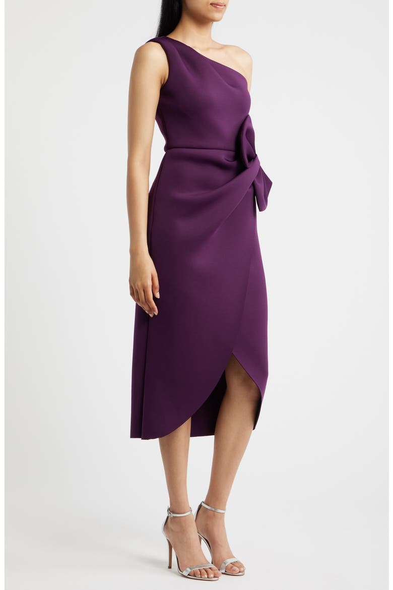 Bow One-Shoulder Cocktail Dress, Alternate, color, EGGPLANT
