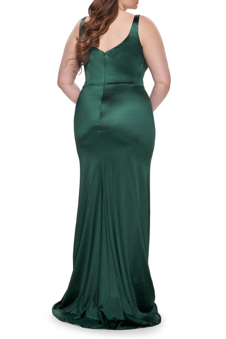 Stretch Satin Plus Size Dress with Unique Neckline and Slit, Alternate, color, Dark Emerald