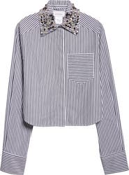 SPORTMAX Quagga Stripe Embellished Collar Cotton Button-Up Shirt