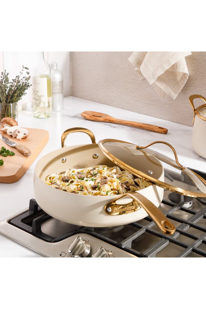 6 QT Heavy Duty Aluminum Premium PFA Free Ceramic Nonstick Sauté/Deep Frying Pan Skillet with Lid, Alternate, color, Linen White with Gold Handle