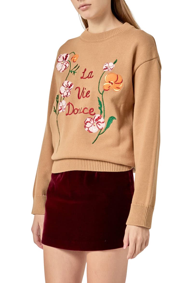 Flower Embroidered Sweater, Alternate, color, CAMEL