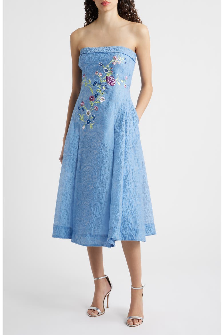 Rhinestone Floral Embroidery Strapless Floral Jacquard Cocktail Dress, Main, color, RIVERSIDE BLUE