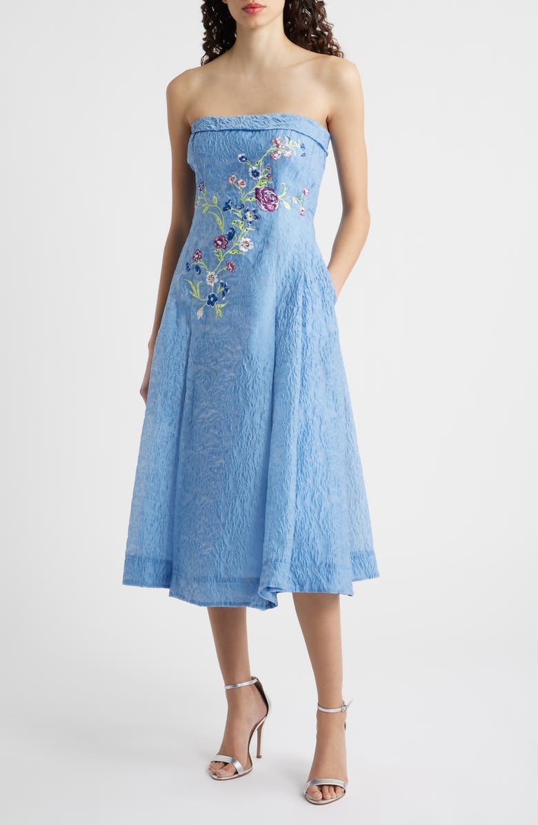 Tahari ASL Rhinestone Floral Embroidery Strapless Floral Jacquard Cocktail Dress, Main, color, Riverside Blue