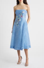 Tahari ASL Rhinestone Floral Embroidery Strapless Floral Jacquard Cocktail Dress