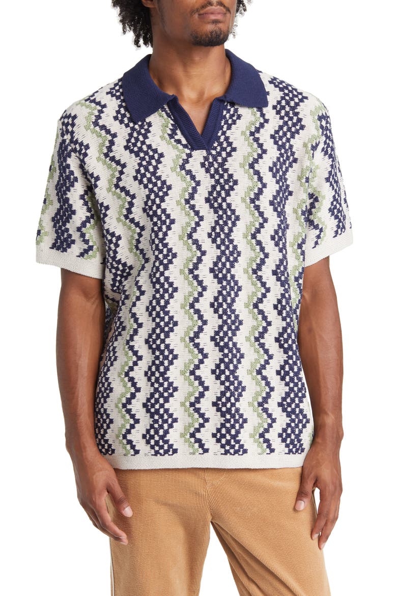 Crochet Johnny Collar Cotton Polo, Main, color, BLUE/ CREAM
