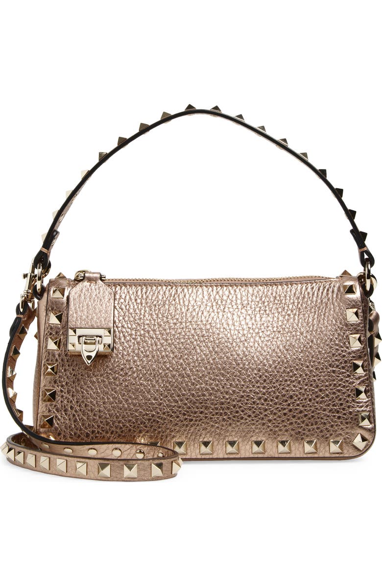 Valentino Garavani Small Rockstud Grained Metallic Leather Shoulder Bag, Main, color, Rose
