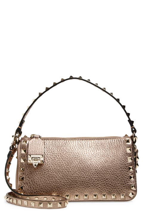 Small Rockstud Grained Metallic Leather Shoulder Bag