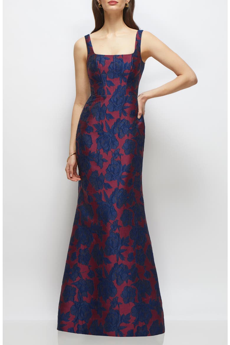 Floral Jacquard Sleeveless Trumpet Gown, Main, color, BURGUNDY NAVY FLORAL