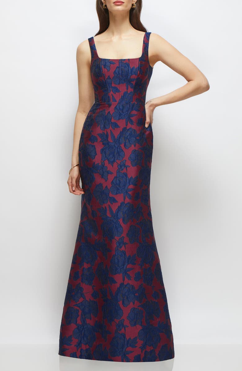 Dessy Collection Floral Jacquard Sleeveless Trumpet Gown, Main, color, Burgundy Navy Floral