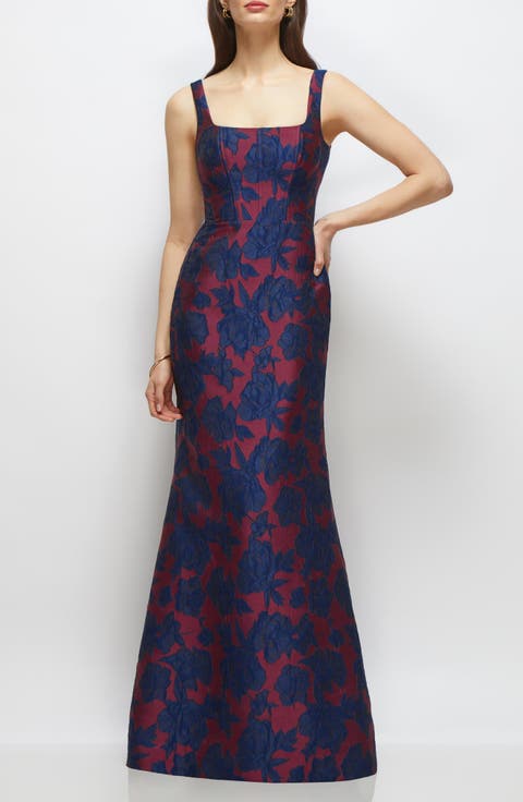 Floral Jacquard Sleeveless Trumpet Gown