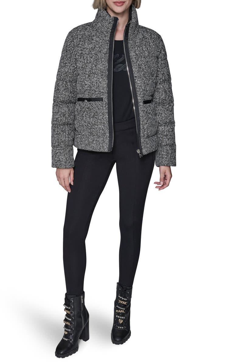 KARL LAGERFELD PARIS Short Tweed Puffer Jacket, Alternate, color, Black/ White