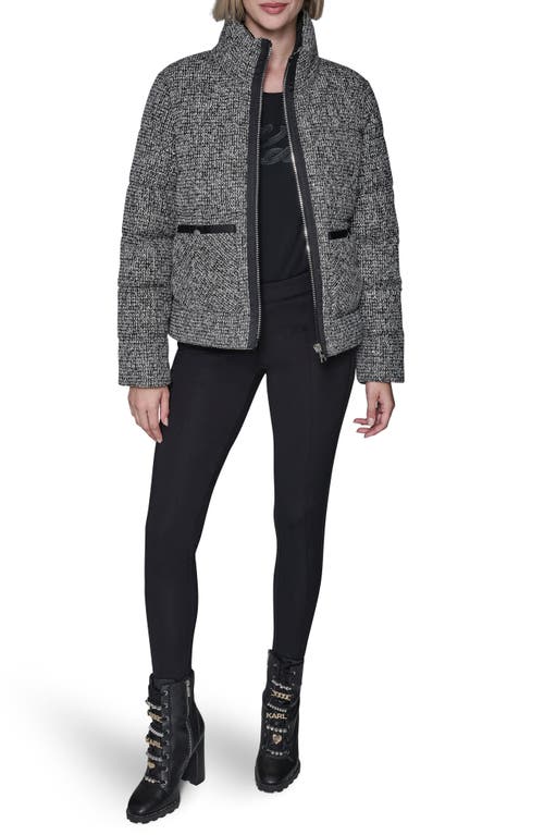 Karl Lagerfeld Paris Short Tweed Puffer Jacket In Gray