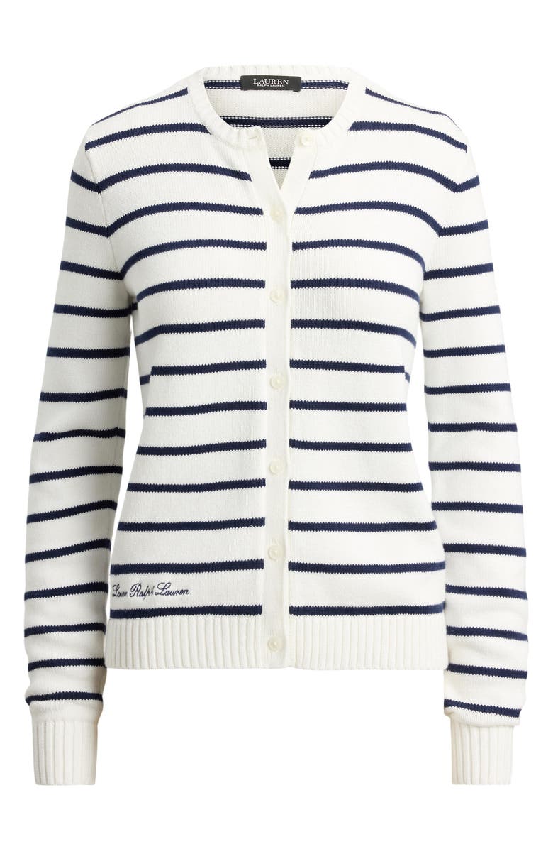 Lauren Ralph Lauren Ralhan Stripe Combed Cotton Cardigan, Alternate, color, White/ Refined Navy