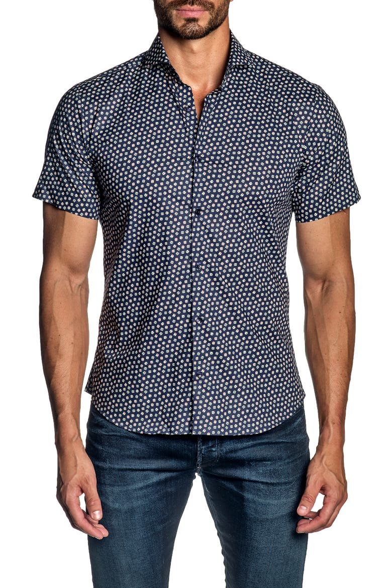 Regular Fit Dice Short Sleeve Button-Up Shirt, Main, color, NAVY DICE