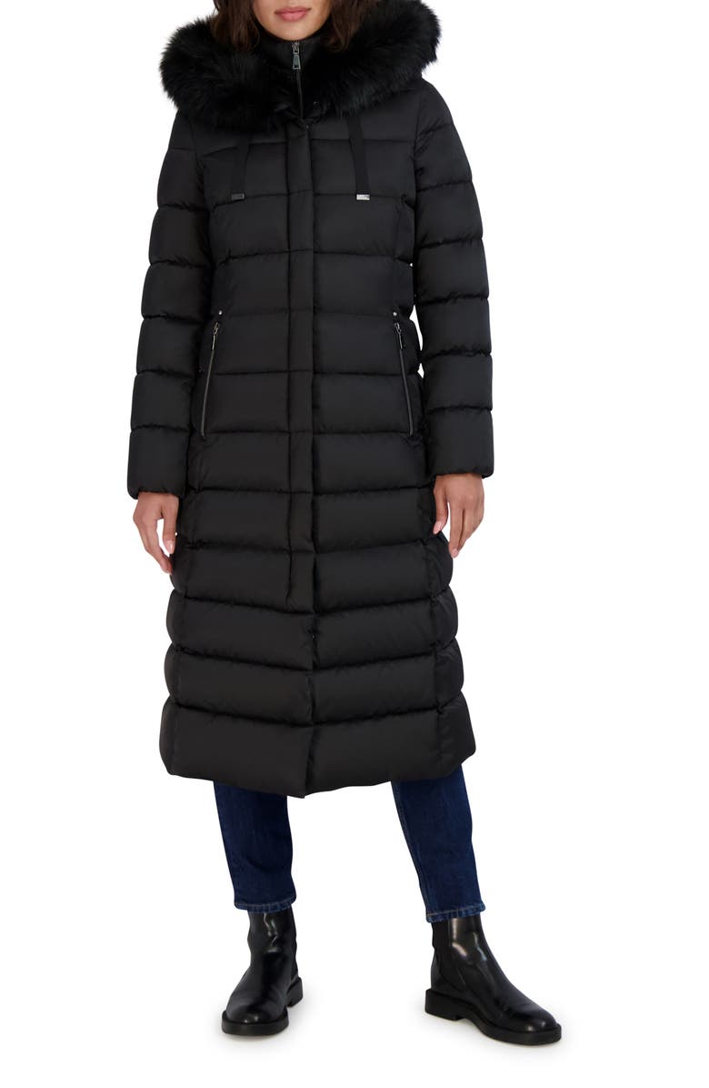 Tahari Nellie Faux Fur Trim Hooded Puffer Jacket with Bib, Main, color, Black
