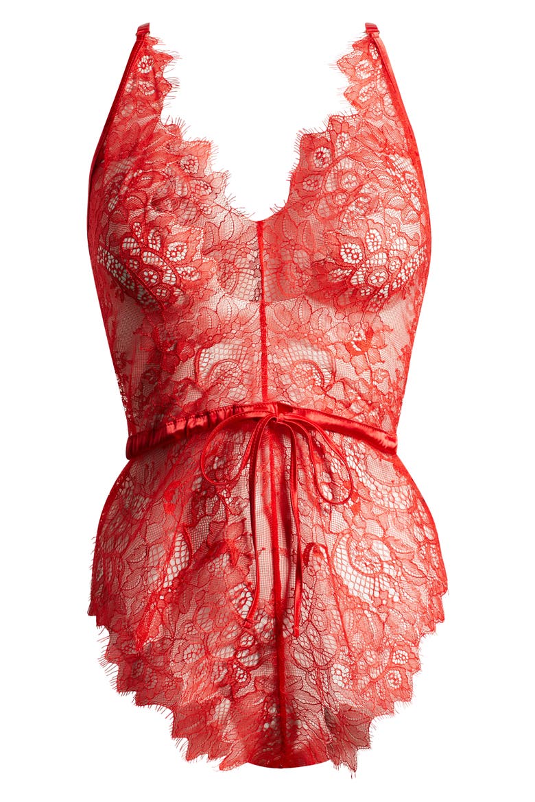 Drawstring Waist Eyelash Lace Teddy, Alternate, color, CLASSIC RED