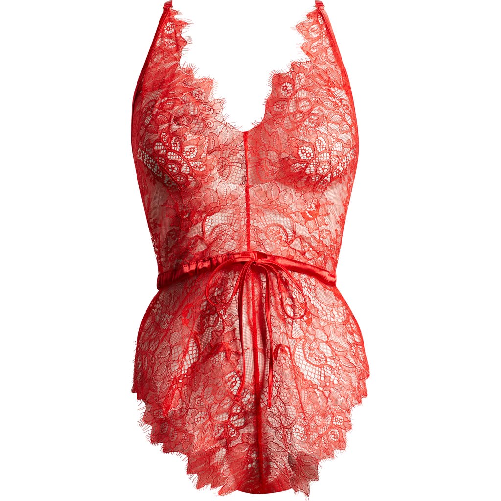 Kilo Brava Drawstring Waist Eyelash Lace Teddy In Classic Red
