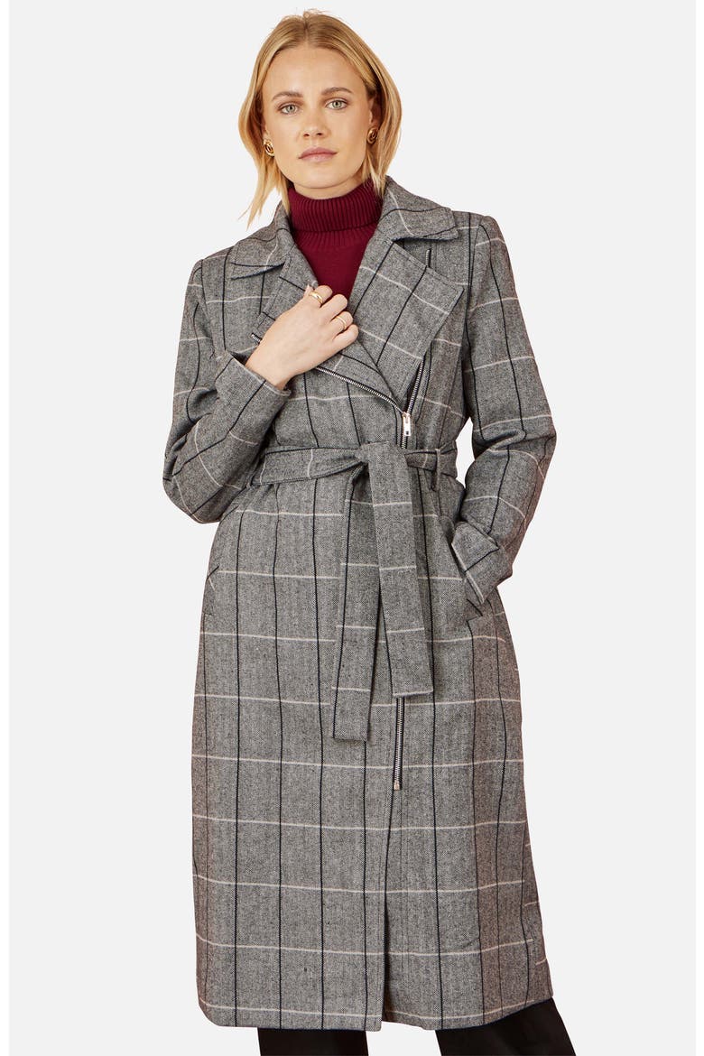 Check Oversize Long Biker Coat, Alternate, color, Grey