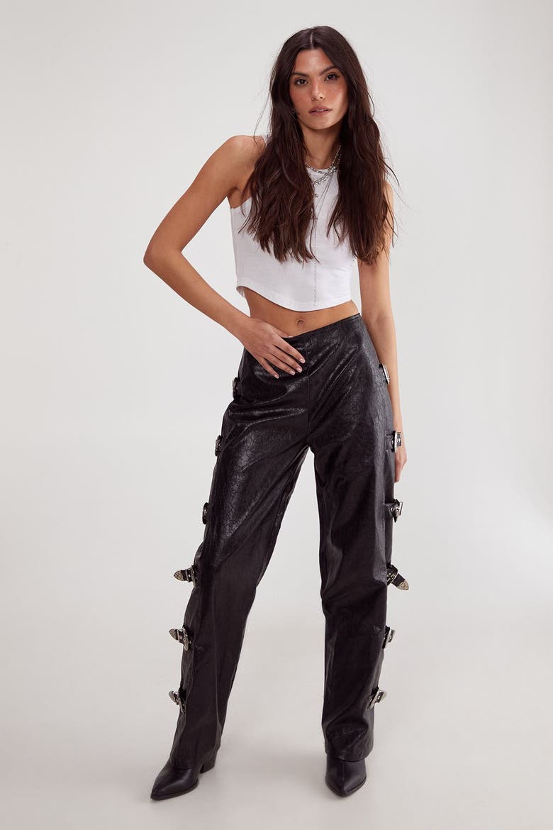 Faux Leather Buckle Detail Pants, Alternate, color, Black