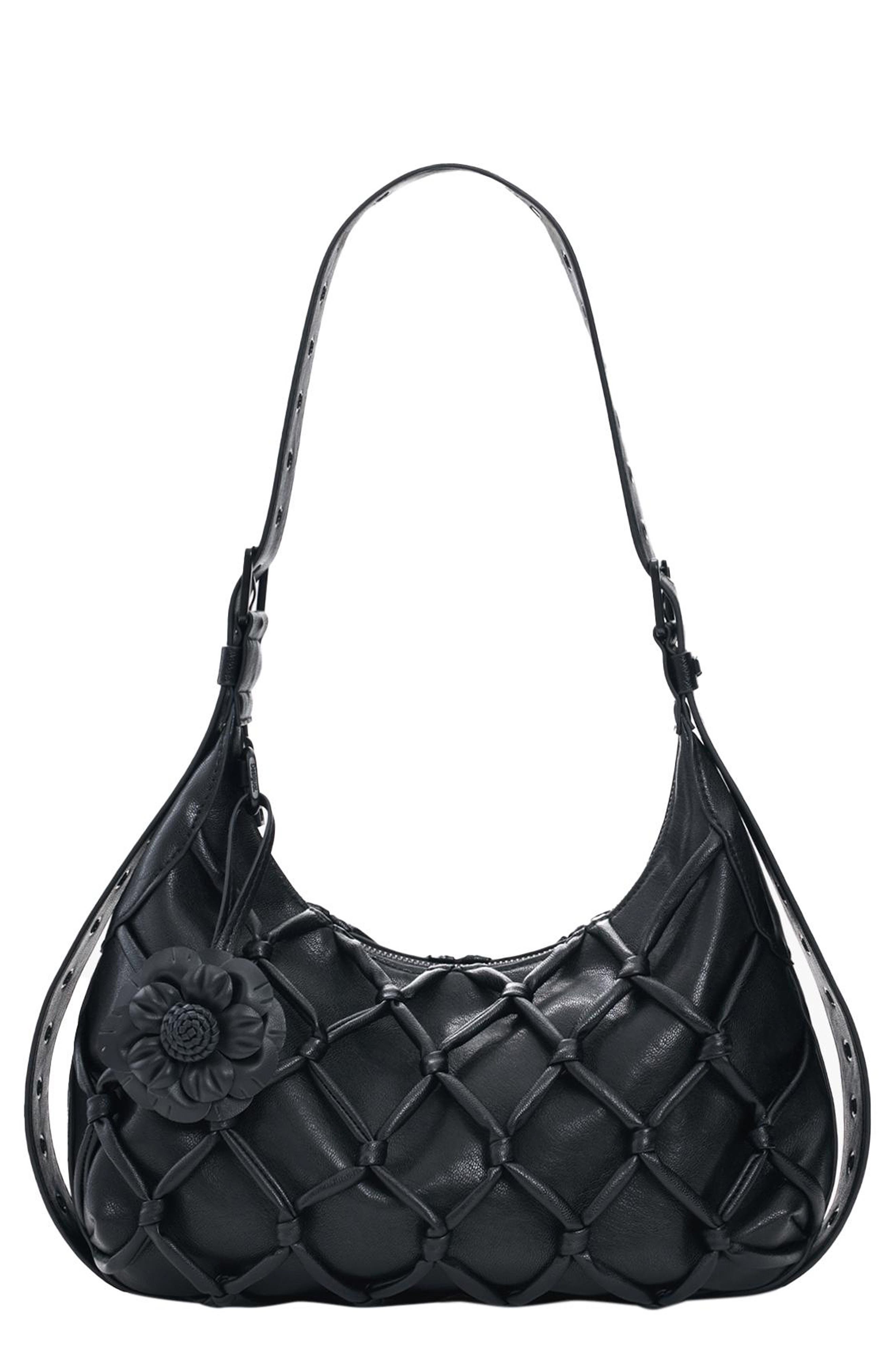 Desigual Flower Net Faux Leather Shoulder Bag, Main, color, Black