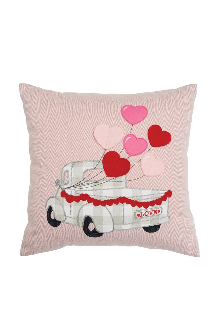 Heart Balloons Love Truck Embroidered Valentine's Day Accent Throw Pillow 18" x 18", Main, color, Pink