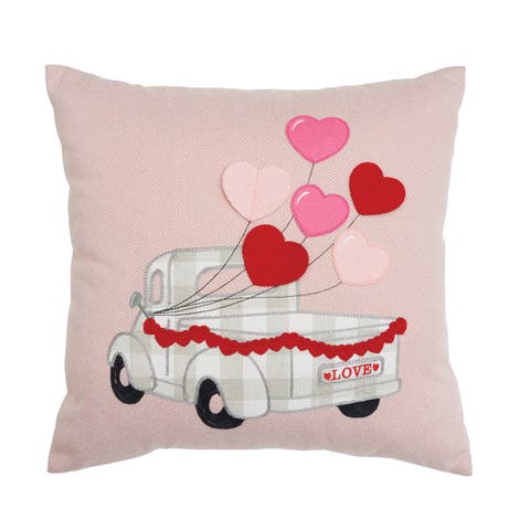 Heart Balloons Love Truck Embroidered Valentine's Day Accent Throw Pillow 18" x 18"