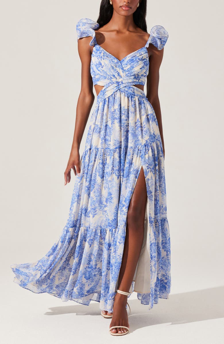ASTR the Label Frittilaria Floral Cutout Detail Maxi Dress, Alternate, color, Blue Floral