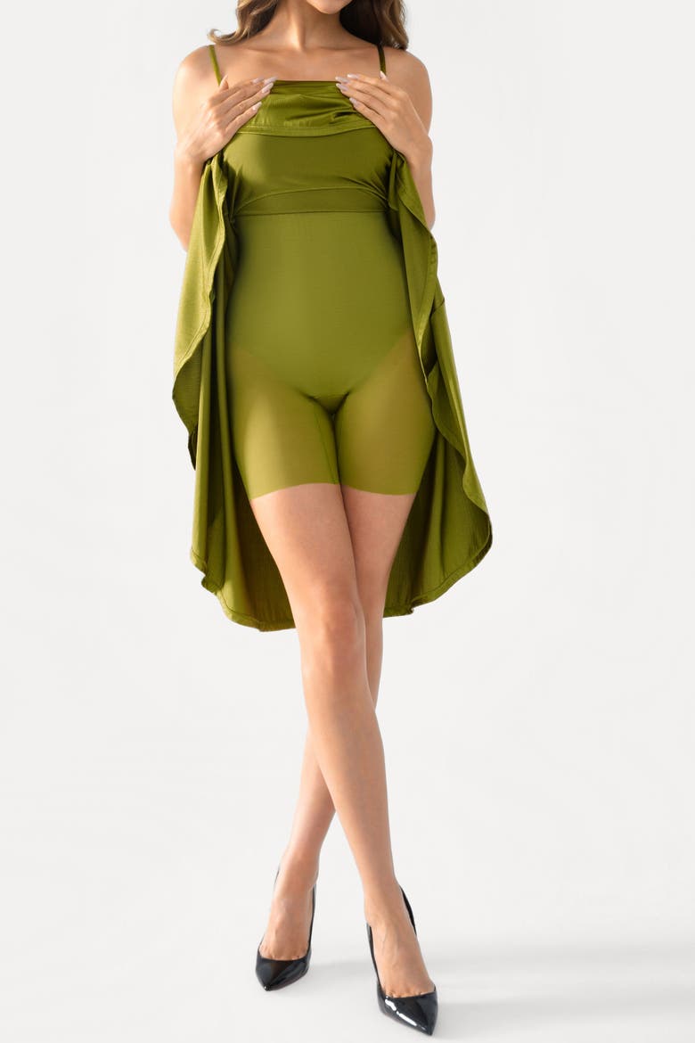 Shapewear Strappy Cowl Neck Vacation & Date Night Fit & Flare Midi Dress, Alternate, color, Metallic Olive