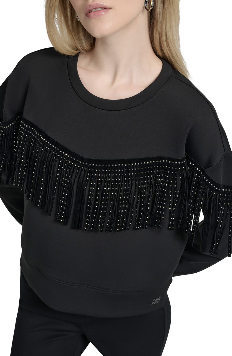 DKNY Stud Fringe Pullover, Alternate, color, Black