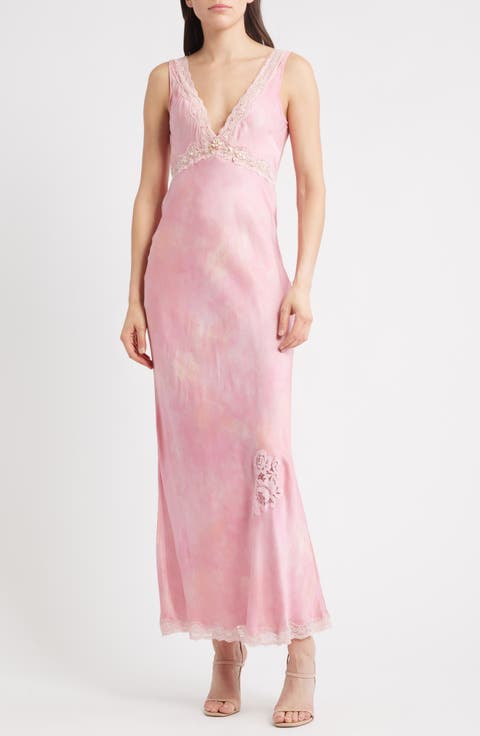 Bier Embellished Lace Trim Silk Blend Slipdress