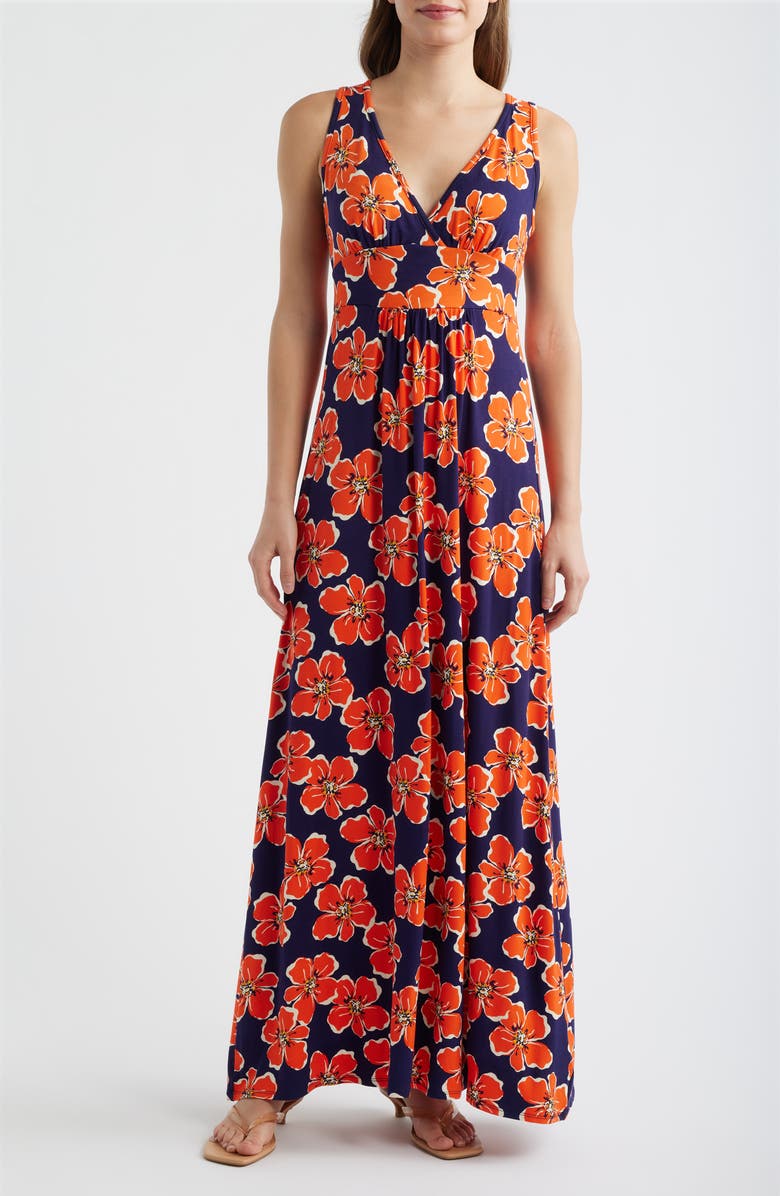 Loveappella Floral Sleeveless Jersey Maxi Dress, Main, color, Navy/ Tangerine