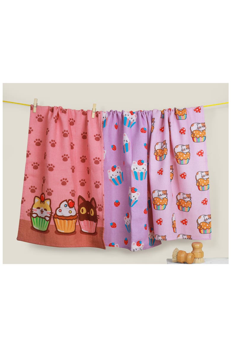 Set of Three Kawaii Cupcake Cat Kitchen Towels, Alternate, color, LAVENDER/ ROSE / MULTI