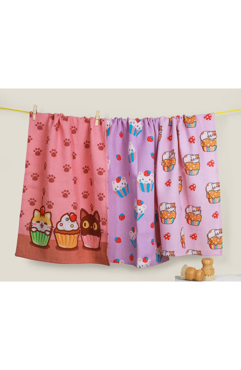 Tiramisu Set of Three Kawaii Cupcake Cat Kitchen Towels, Alternate, color, Lavender/ Rose / Multi