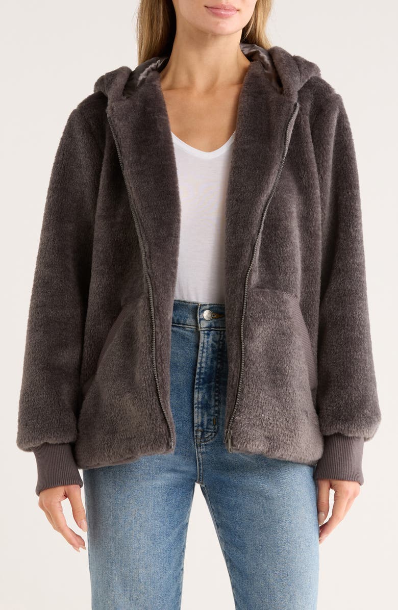 Bernardo Faux Shearling Zip Hoodie, Alternate, color, Charcoal