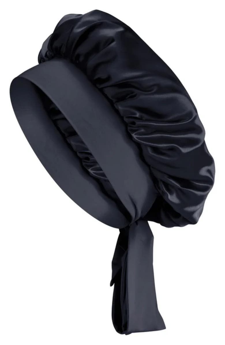 BLISSY Bow Mulberry Silk Bonnet, Main, color, Black