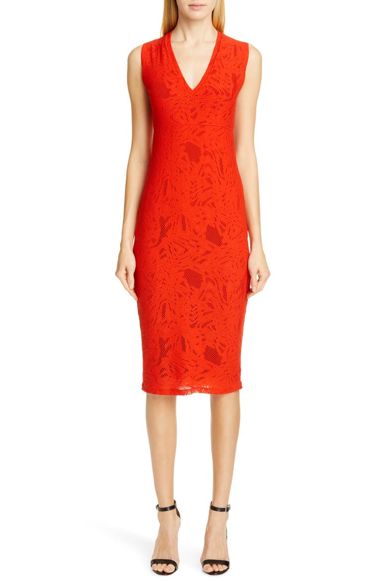 Lace V-Neck Midi Dress, Main, color, RUBINO