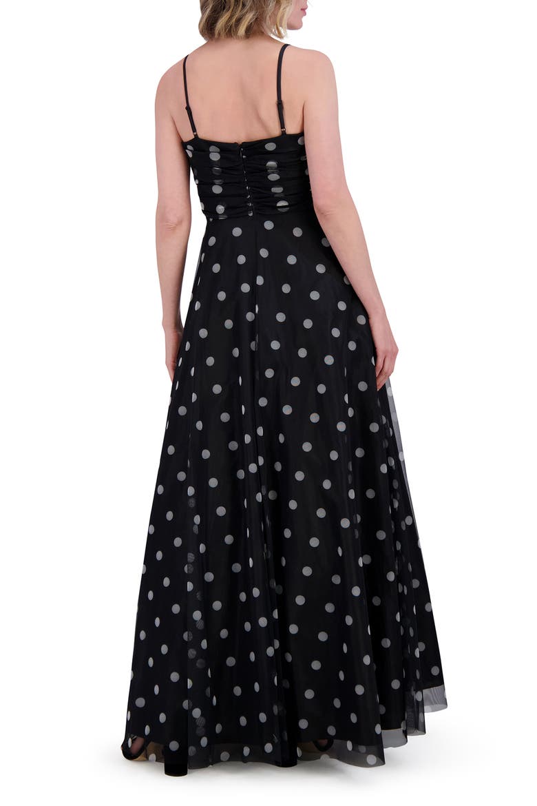 Polka Dot Ruched Chiffon Gown, Alternate, color, BLACK