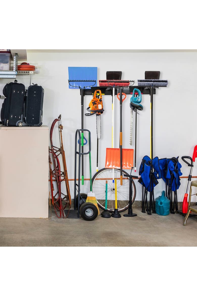 Tool Storage Rack, 8 Piece Wall Mounted Garage Organizer for Broom, Mop, Rake Shovel & Tools, Alternate, color, Black
