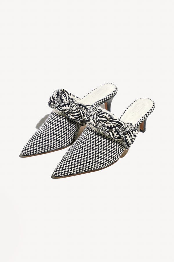 Amambaih Blanca Motif Fabric Mules, Alternate, color, Ivory Black