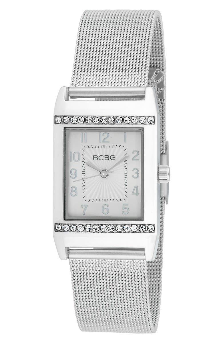 BCBG Retro Quartz Mesh Strap Bracelet Watch, 23mm, Main, color, Silver