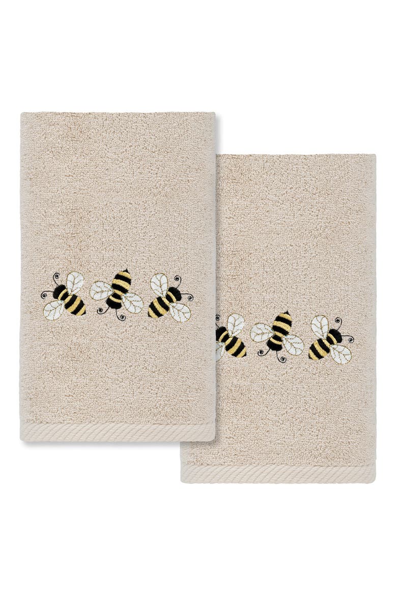 Set of 2 Bee Dance Embroidered Turkish Cotton Hand Towels, Main, color, SAND