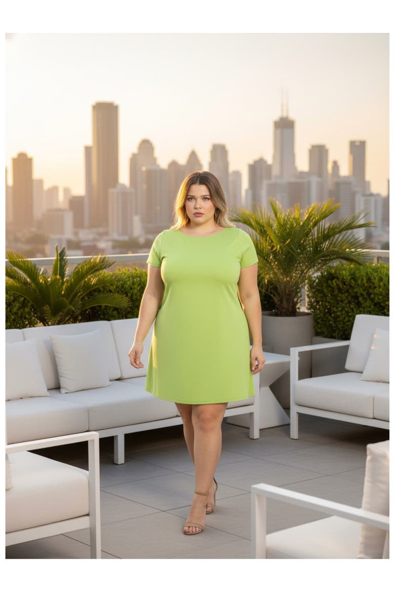 Plus Size Solid Short Sleeve Round Neck Mini Shift Dress, Alternate, color, Lime