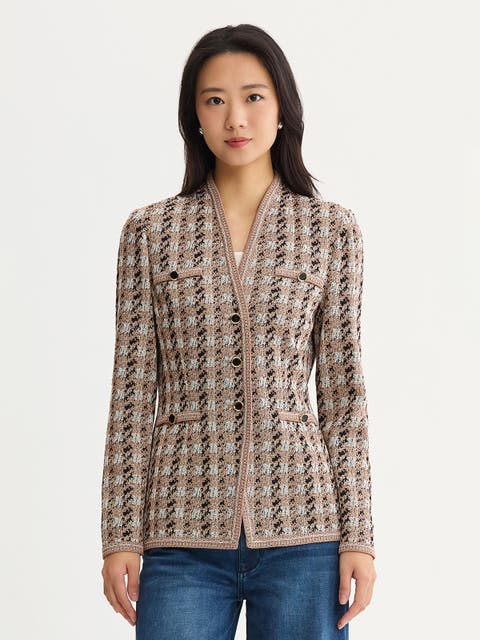 Tailored Houndstooth Tweed Knit Jacket